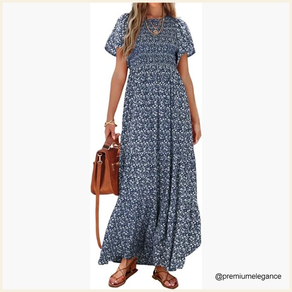 Dresses & Skirts - Flutter Sleeve Smocked Maxi Dress Tiered Floral Boho Summer Casual